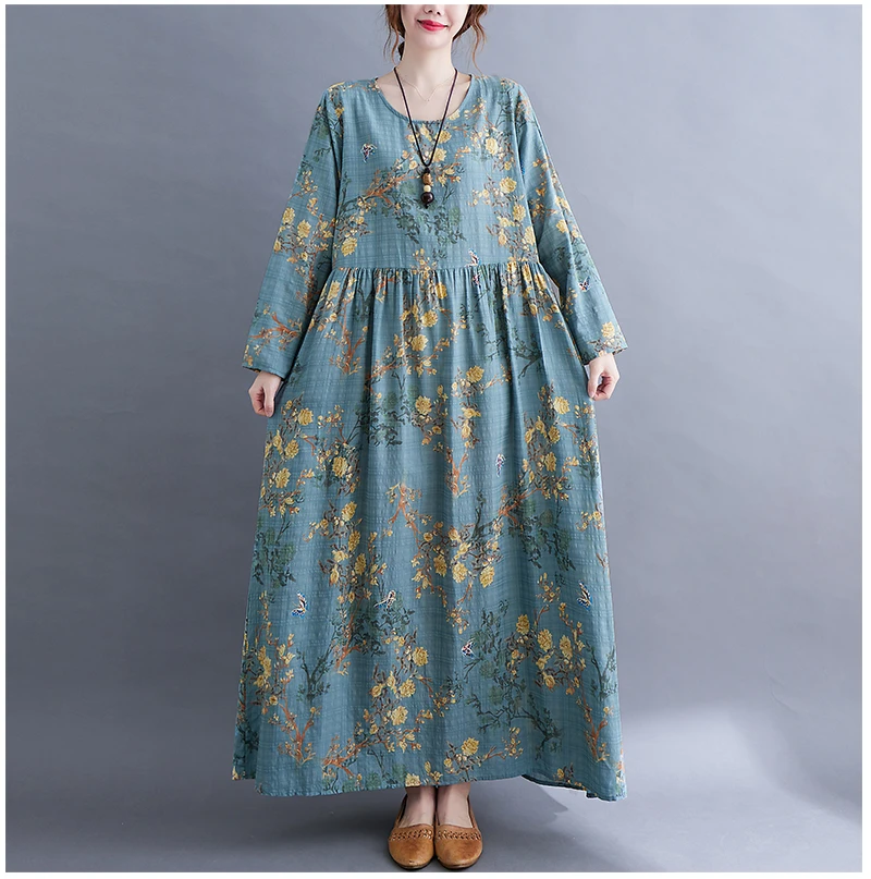 Long Sleeve O-Neck Floral Vintage Spring Autumn Blue Dresses For Women 2026 Casual Loose Elegant Office Lady Dress Femme Clothes