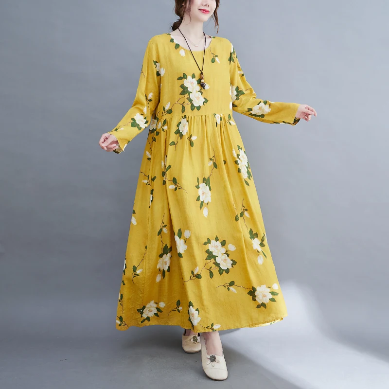 Long Sleeve O-Neck Floral Vintage Spring Autumn Blue Dresses For Women 2026 Casual Loose Elegant Office Lady Dress Femme Clothes