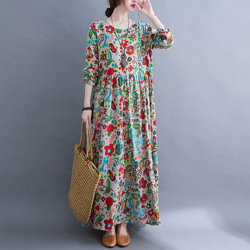 Long Sleeve O-Neck Floral Vintage Spring Autumn Blue Dresses For Women 2026 Casual Loose Elegant Office Lady Dress Femme Clothes