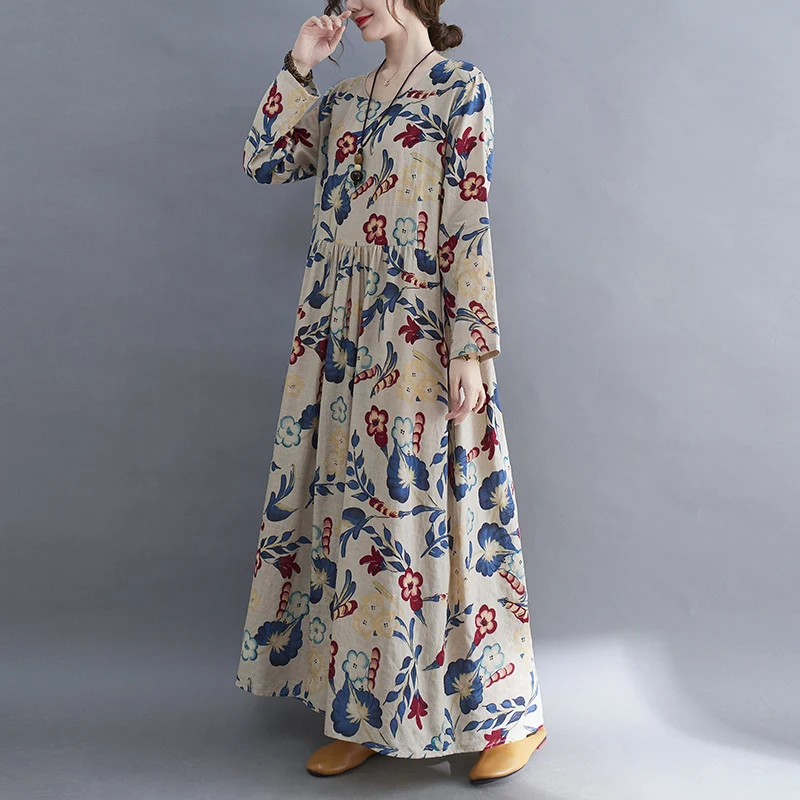 Long Sleeve O-Neck Floral Vintage Spring Autumn Blue Dresses For Women 2026 Casual Loose Elegant Office Lady Dress Femme Clothes