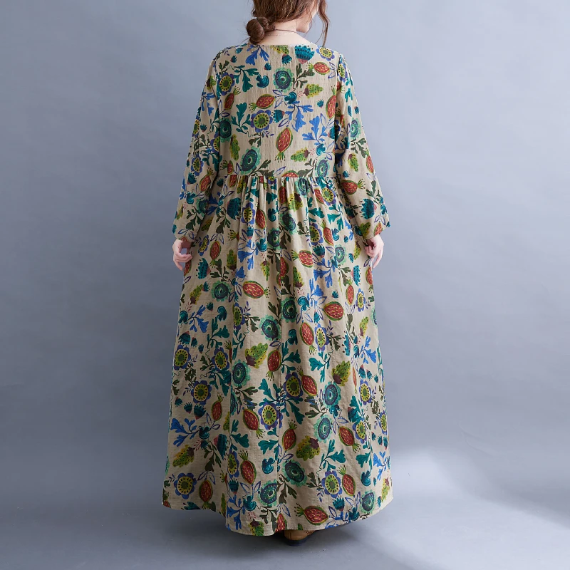 Long Sleeve O-Neck Floral Vintage Spring Autumn Blue Dresses For Women 2026 Casual Loose Elegant Office Lady Dress Femme Clothes
