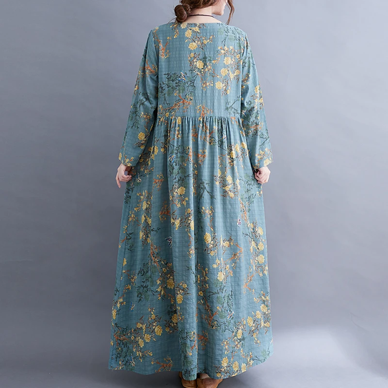 Long Sleeve O-Neck Floral Vintage Spring Autumn Blue Dresses For Women 2026 Casual Loose Elegant Office Lady Dress Femme Clothes