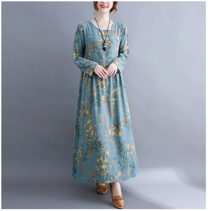 Long Sleeve O-Neck Floral Vintage Spring Autumn Blue Dresses For Women 2026 Casual Loose Elegant Office Lady Dress Femme Clothes