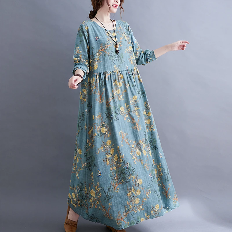Long Sleeve O-Neck Floral Vintage Spring Autumn Blue Dresses For Women 2026 Casual Loose Elegant Office Lady Dress Femme Clothes