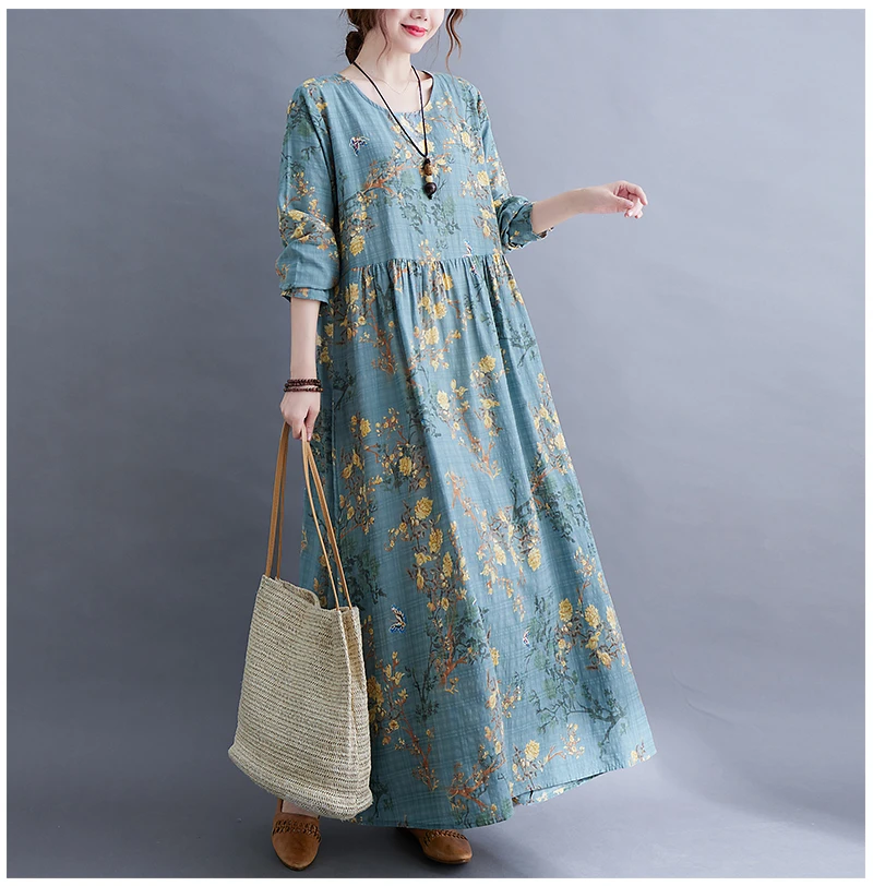Long Sleeve O-Neck Floral Vintage Spring Autumn Blue Dresses For Women 2026 Casual Loose Elegant Office Lady Dress Femme Clothes