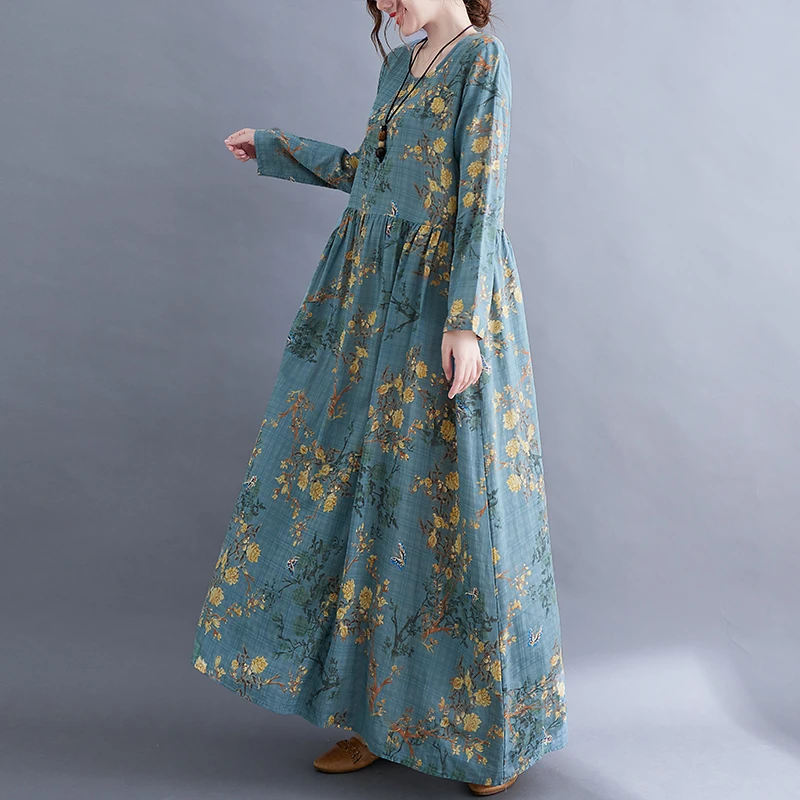 Long Sleeve O-Neck Floral Vintage Spring Autumn Blue Dresses For Women 2026 Casual Loose Elegant Office Lady Dress Femme Clothes