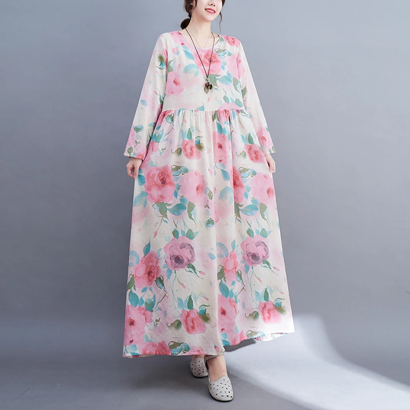 Long Sleeve O-Neck Floral Vintage Spring Autumn Blue Dresses For Women 2026 Casual Loose Elegant Office Lady Dress Femme Clothes