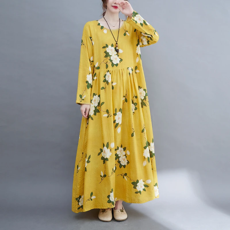 Long Sleeve O-Neck Floral Vintage Spring Autumn Blue Dresses For Women 2026 Casual Loose Elegant Office Lady Dress Femme Clothes