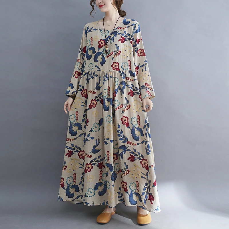 Long Sleeve O-Neck Floral Vintage Spring Autumn Blue Dresses For Women 2026 Casual Loose Elegant Office Lady Dress Femme Clothes