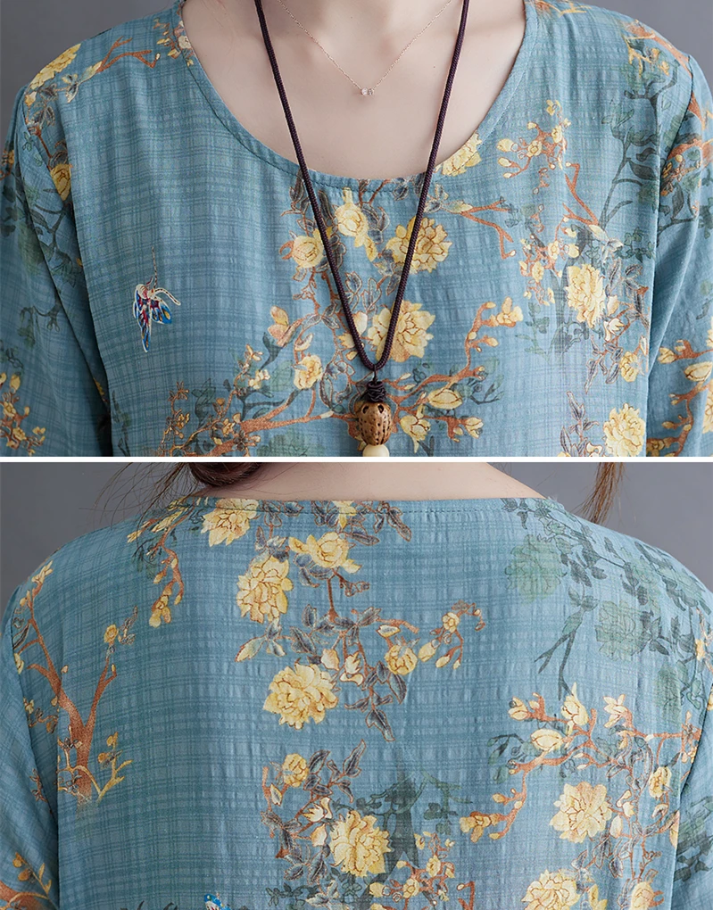 Long Sleeve O-Neck Floral Vintage Spring Autumn Blue Dresses For Women 2026 Casual Loose Elegant Office Lady Dress Femme Clothes