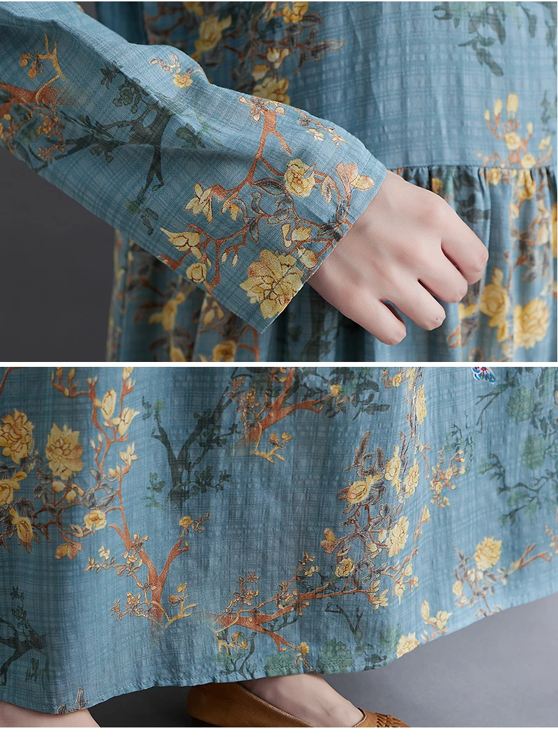 Long Sleeve O-Neck Floral Vintage Spring Autumn Blue Dresses For Women 2026 Casual Loose Elegant Office Lady Dress Femme Clothes