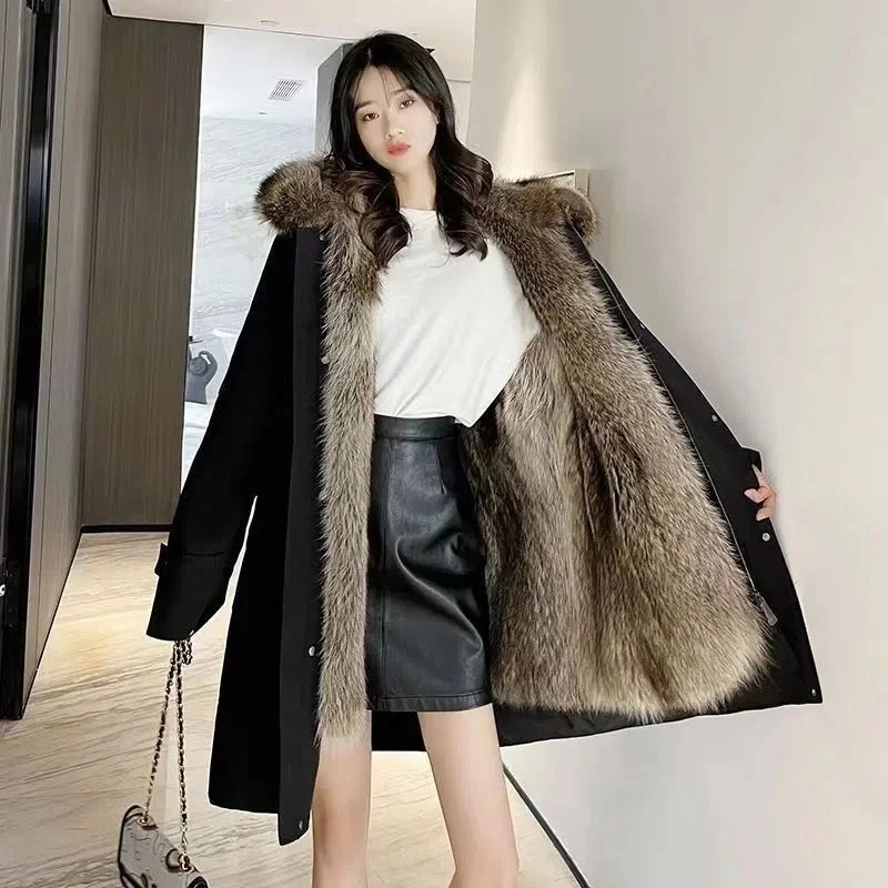 The 2026 Special Winter New Baotu Pai Overcome the Mid-long Removable Raccoon Fur Inner Belly Thick Imitation Fur Coat Female X1