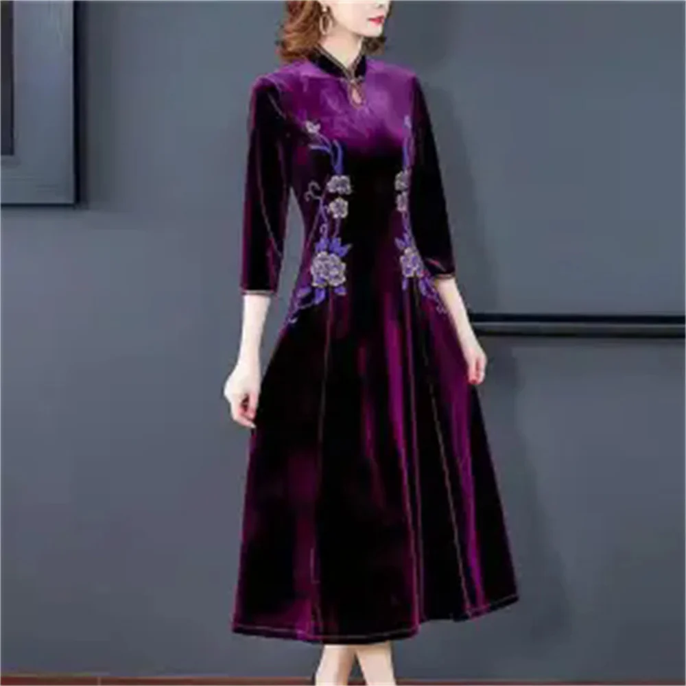 Mrs. Kuo, 300 Pounds Loose Fit, Belly Covering, Warm Gold Velvet Dress, Women's Cheongsam Dress, Improved Version, Female Trendy