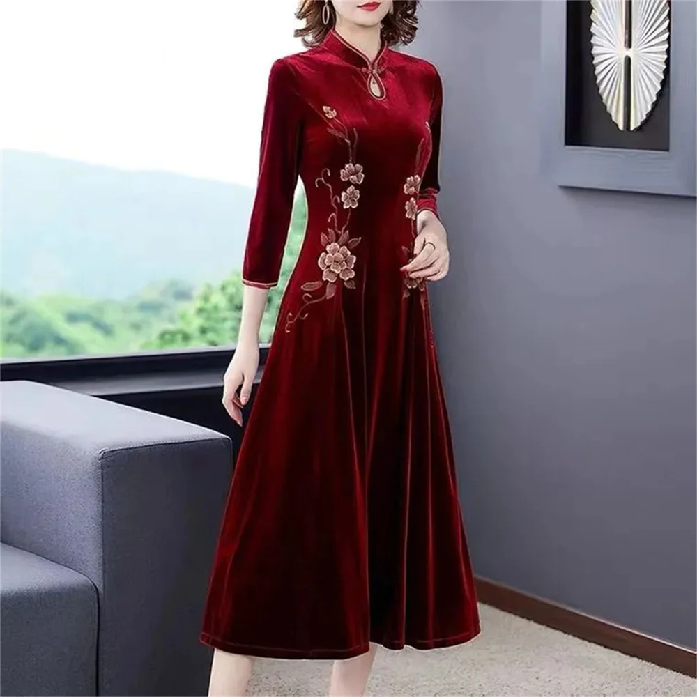 Mrs. Kuo, 300 Pounds Loose Fit, Belly Covering, Warm Gold Velvet Dress, Women's Cheongsam Dress, Improved Version, Female Trendy