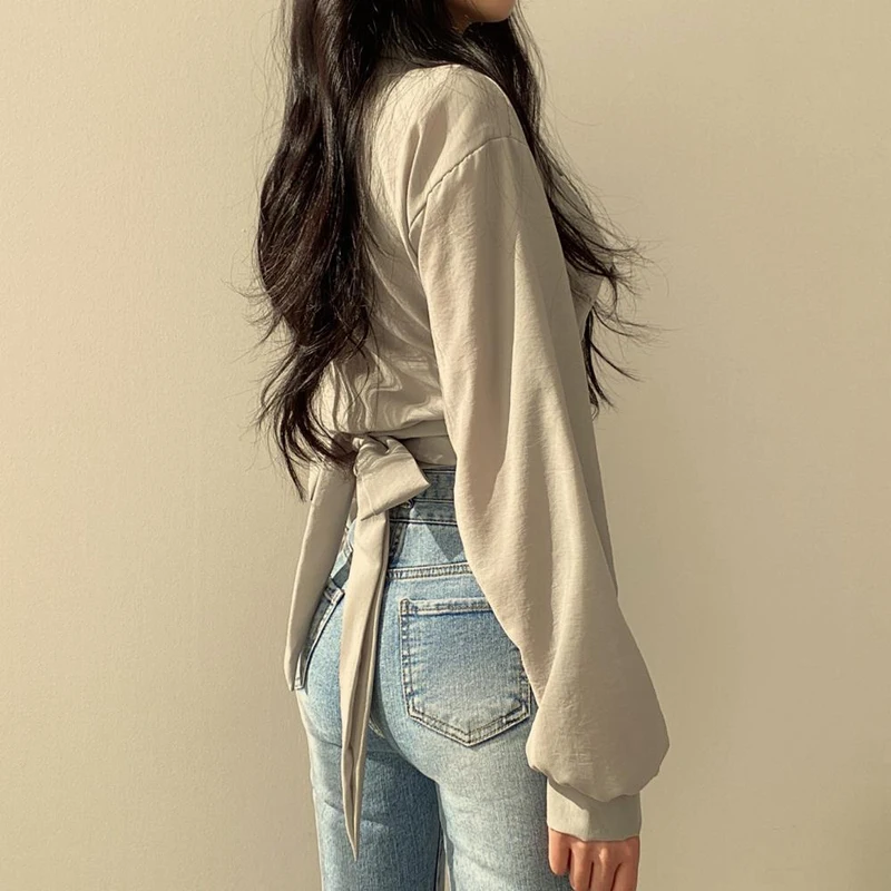 Zoki Women Sexy Cropped Back Bow Blouse Fashion Slim Long Sleeve Female Shirt Spring Korean Solid White Harajuku All Match Tops