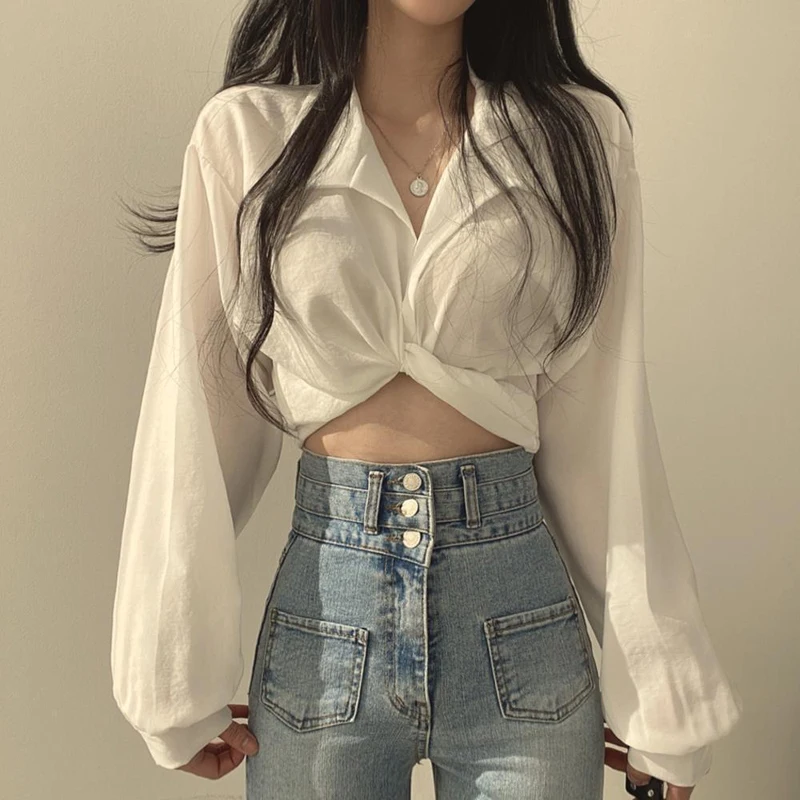 Zoki Women Sexy Cropped Back Bow Blouse Fashion Slim Long Sleeve Female Shirt Spring Korean Solid White Harajuku All Match Tops