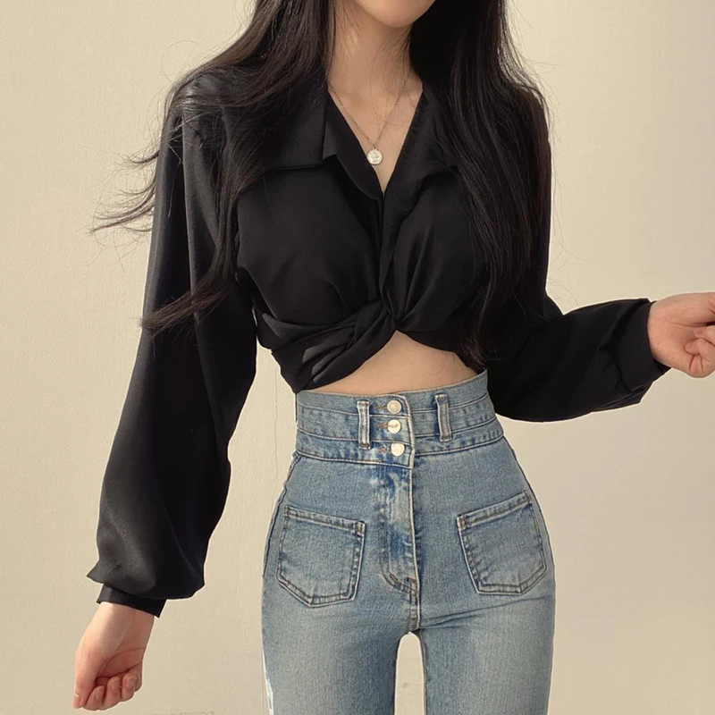 Zoki Women Sexy Cropped Back Bow Blouse Fashion Slim Long Sleeve Female Shirt Spring Korean Solid White Harajuku All Match Tops
