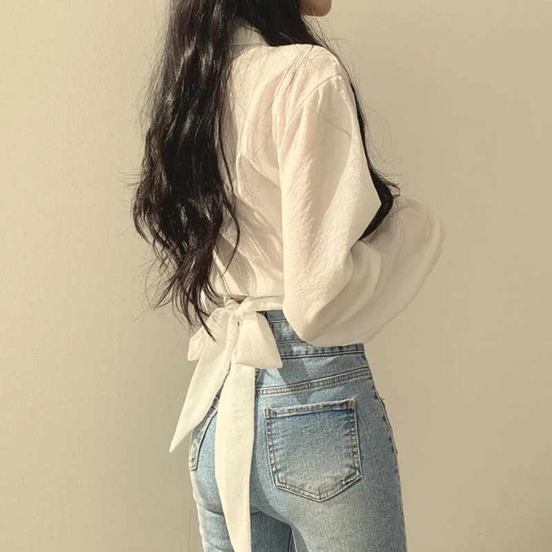 Zoki Women Sexy Cropped Back Bow Blouse Fashion Slim Long Sleeve Female Shirt Spring Korean Solid White Harajuku All Match Tops