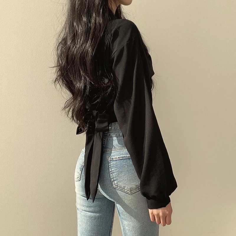 Zoki Women Sexy Cropped Back Bow Blouse Fashion Slim Long Sleeve Female Shirt Spring Korean Solid White Harajuku All Match Tops