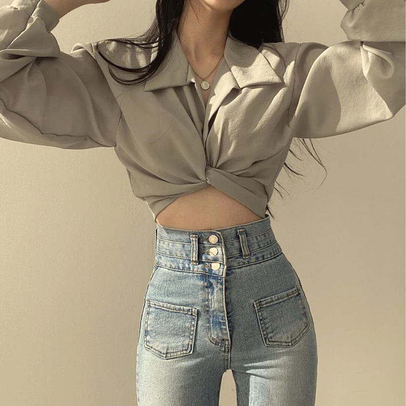 Zoki Women Sexy Cropped Back Bow Blouse Fashion Slim Long Sleeve Female Shirt Spring Korean Solid White Harajuku All Match Tops
