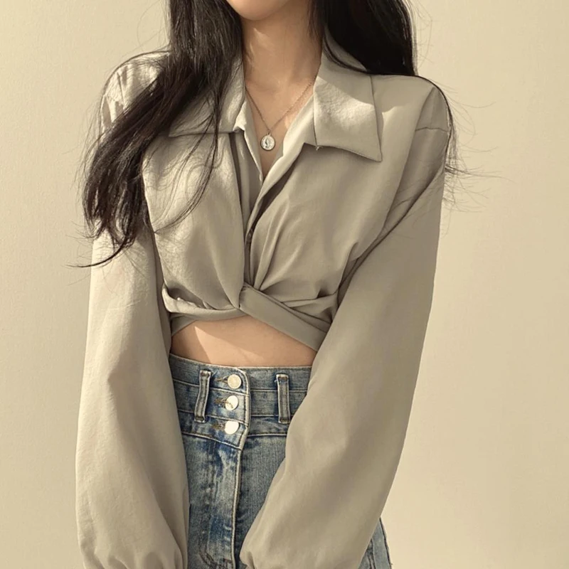 Zoki Women Sexy Cropped Back Bow Blouse Fashion Slim Long Sleeve Female Shirt Spring Korean Solid White Harajuku All Match Tops