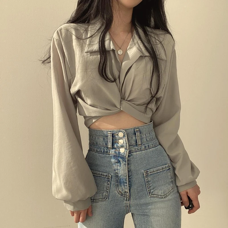 Zoki Women Sexy Cropped Back Bow Blouse Fashion Slim Long Sleeve Female Shirt Spring Korean Solid White Harajuku All Match Tops