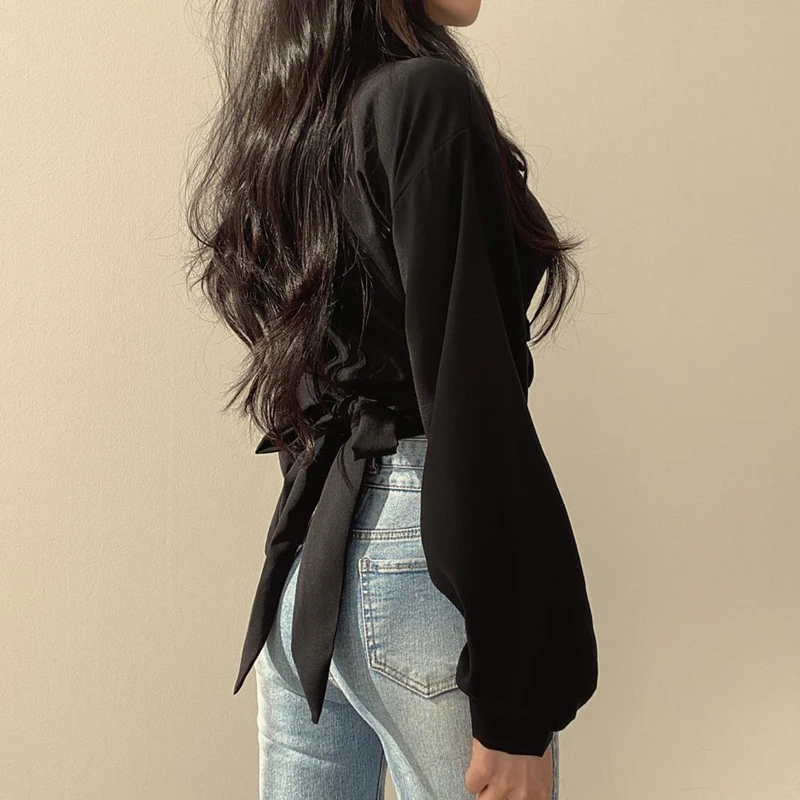 Zoki Women Sexy Cropped Back Bow Blouse Fashion Slim Long Sleeve Female Shirt Spring Korean Solid White Harajuku All Match Tops