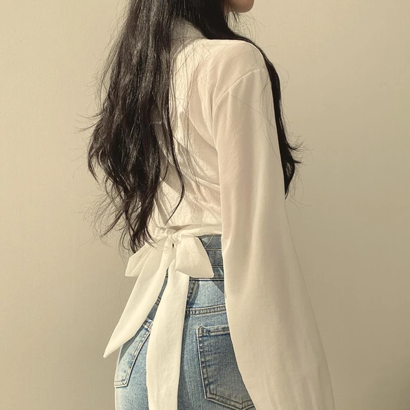 Zoki Women Sexy Cropped Back Bow Blouse Fashion Slim Long Sleeve Female Shirt Spring Korean Solid White Harajuku All Match Tops