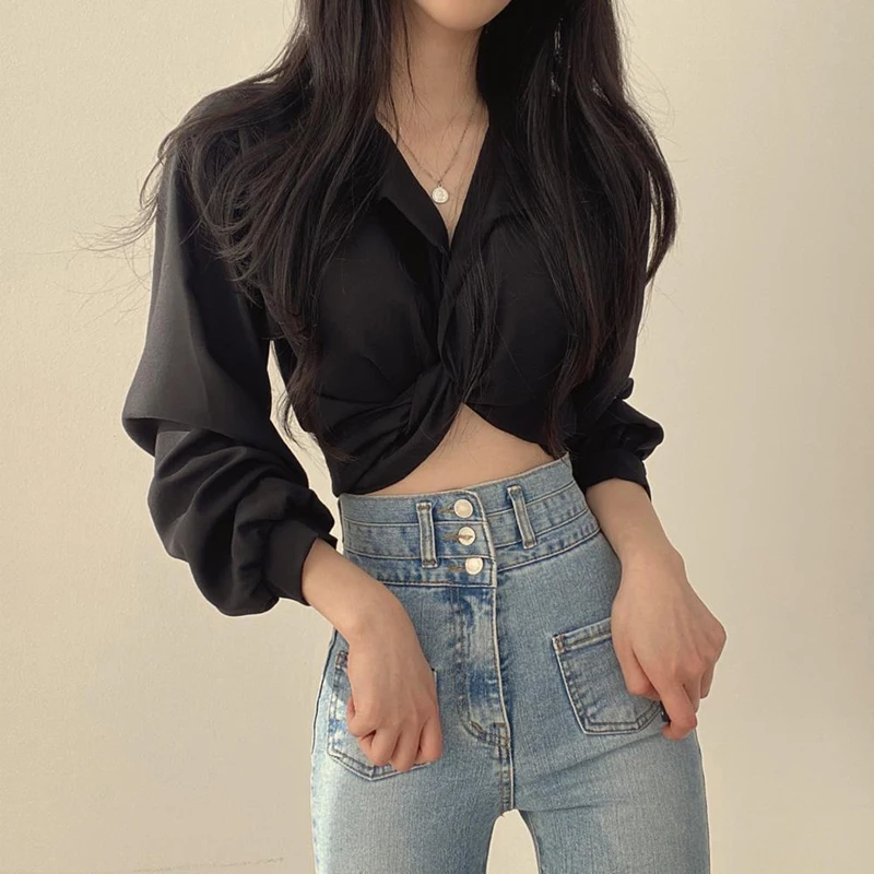 Zoki Women Sexy Cropped Back Bow Blouse Fashion Slim Long Sleeve Female Shirt Spring Korean Solid White Harajuku All Match Tops