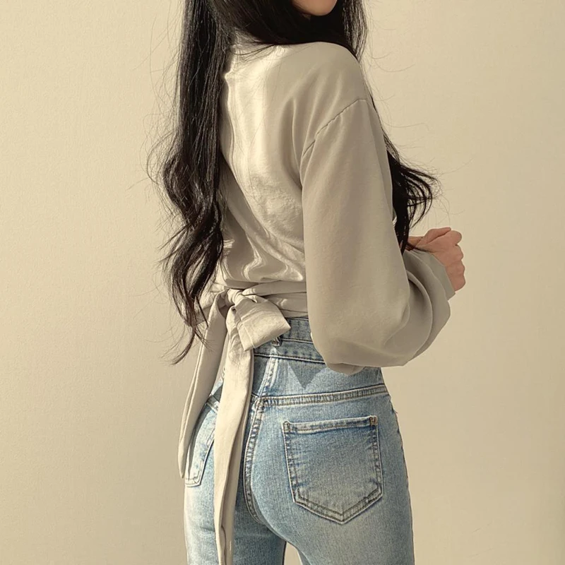 Zoki Women Sexy Cropped Back Bow Blouse Fashion Slim Long Sleeve Female Shirt Spring Korean Solid White Harajuku All Match Tops