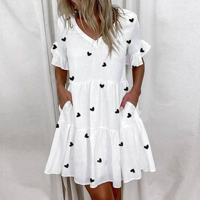 Casual Ruffles Loose V-Neck Dress Women Summer Short Sleeve Floral Print Woman Dress 2024 Fashion White Beach Dresses