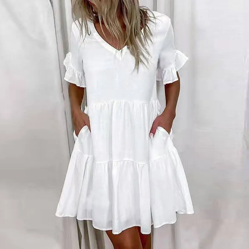 Casual Ruffles Loose V-Neck Dress Women Summer Short Sleeve Floral Print Woman Dress 2024 Fashion White Beach Dresses