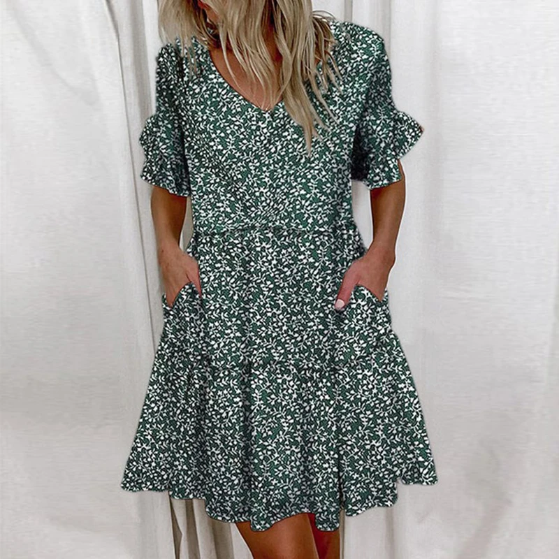 Casual Ruffles Loose V-Neck Dress Women Summer Short Sleeve Floral Print Woman Dress 2024 Fashion White Beach Dresses