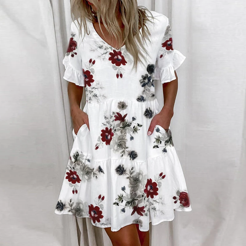 Casual Ruffles Loose V-Neck Dress Women Summer Short Sleeve Floral Print Woman Dress 2024 Fashion White Beach Dresses