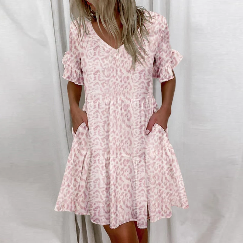 Casual Ruffles Loose V-Neck Dress Women Summer Short Sleeve Floral Print Woman Dress 2024 Fashion White Beach Dresses