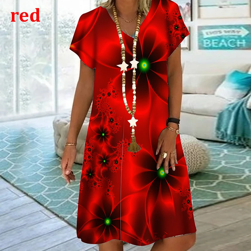 Plant Flowers Colorful 3D Printing Dress For Summer 2022 Women Vintage Short Sleeve Loose Dress Casual V-Neck Oversized Clothin