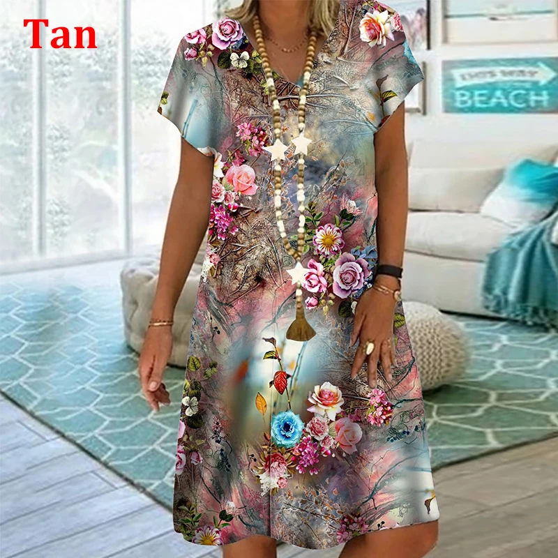 Plant Flowers Colorful 3D Printing Dress For Summer 2022 Women Vintage Short Sleeve Loose Dress Casual V-Neck Oversized Clothin