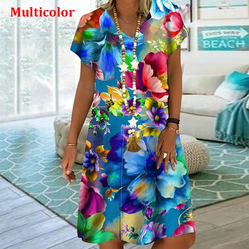 Plant Flowers Colorful 3D Printing Dress For Summer 2022 Women Vintage Short Sleeve Loose Dress Casual V-Neck Oversized Clothin