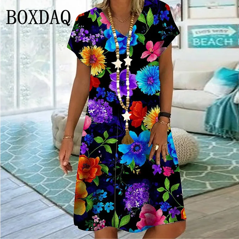 Plant Flowers Colorful 3D Printing Dress For Summer 2022 Women Vintage Short Sleeve Loose Dress Casual V-Neck Oversized Clothin