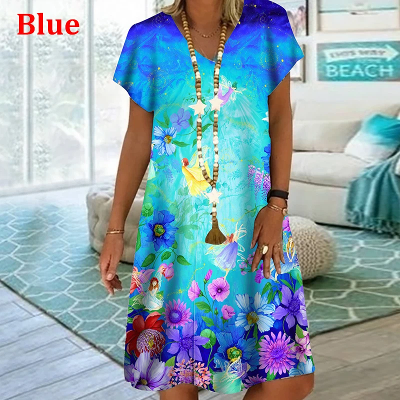 Plant Flowers Colorful 3D Printing Dress For Summer 2022 Women Vintage Short Sleeve Loose Dress Casual V-Neck Oversized Clothin