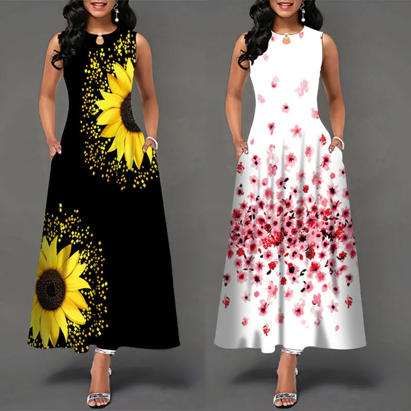 Women New Loose Floral Vintage Hole Ruffles Befree Big Large Dress Large Big Summer Camis Party Elegant Maxi Dresses