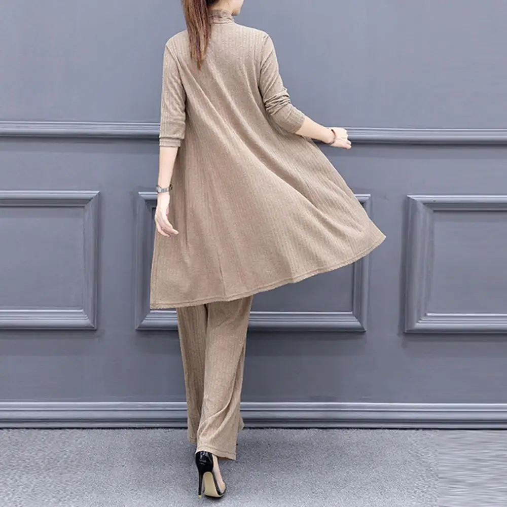 3Pcs/Set Casual Women Suit Solid Color Knit Side Bandage Tanks Top Pants Long Sleeve Cardigan Office Lady Suit Pant Sets
