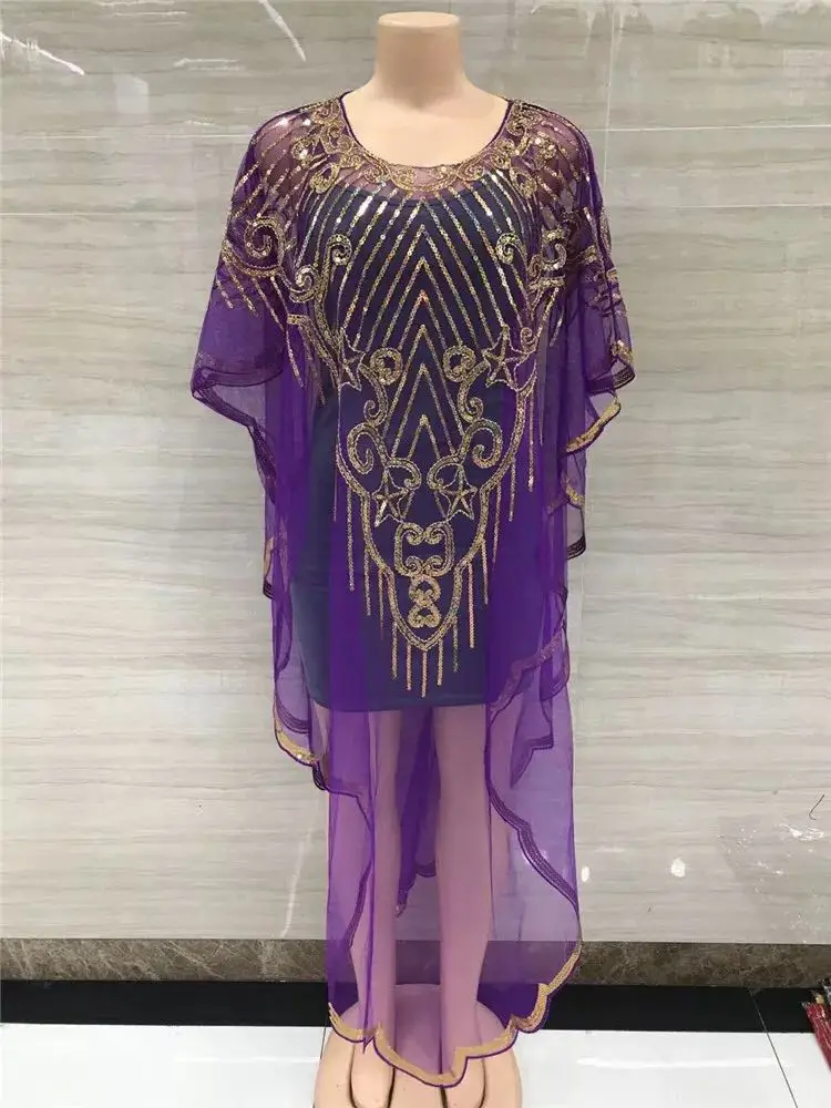 Spring 2024 New African Women's Fashion Gown Chiffon Batwing Sleeve Sequins And Fringes Loose Versatile Dress With Free Size