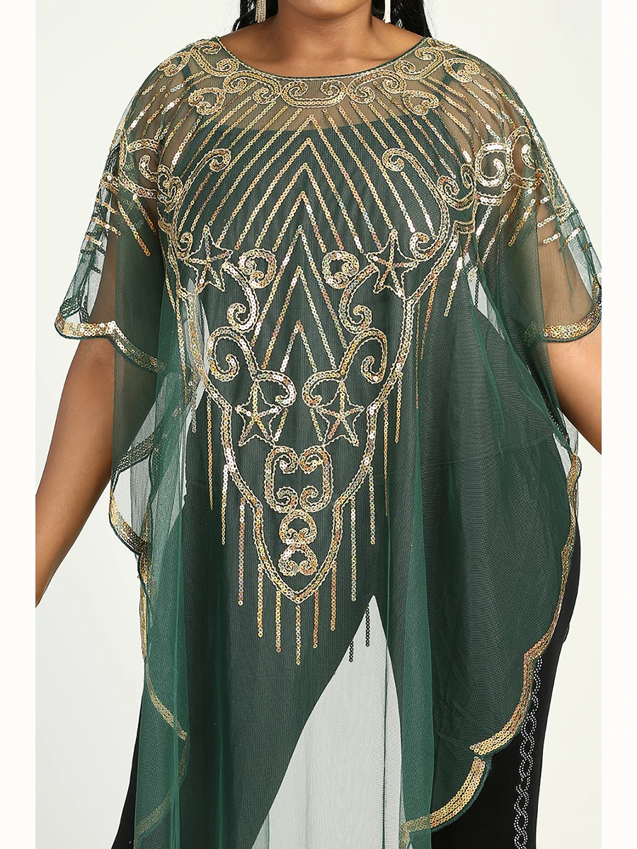 Spring 2024 New African Women's Fashion Gown Chiffon Batwing Sleeve Sequins And Fringes Loose Versatile Dress With Free Size