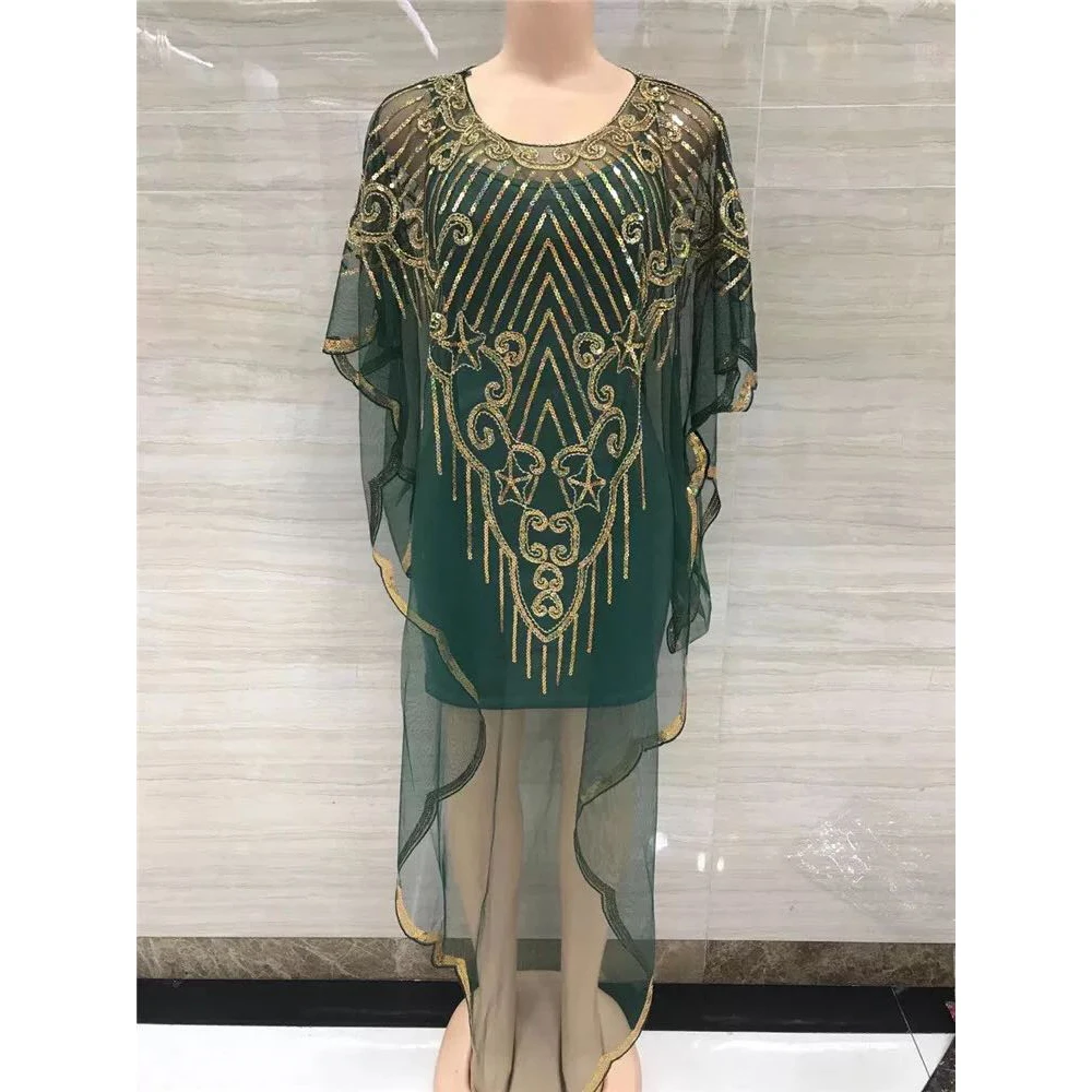 Spring 2024 New African Women's Fashion Gown Chiffon Batwing Sleeve Sequins And Fringes Loose Versatile Dress With Free Size