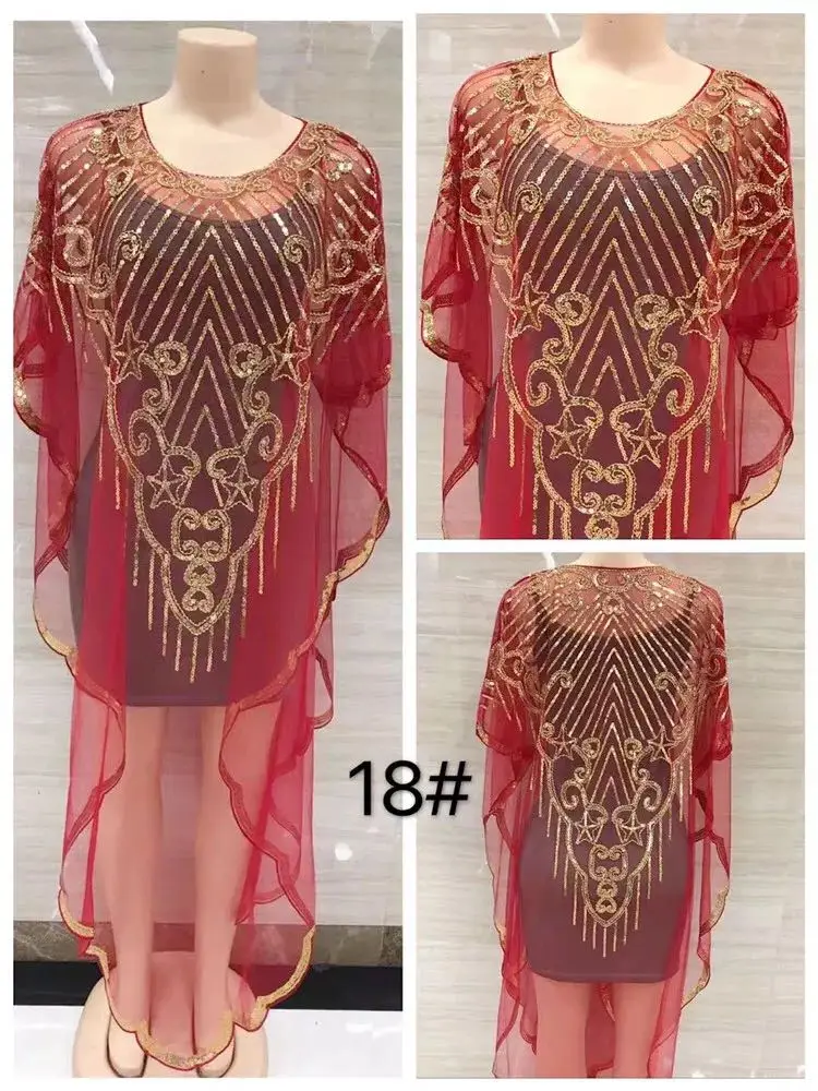 Spring 2024 New African Women's Fashion Gown Chiffon Batwing Sleeve Sequins And Fringes Loose Versatile Dress With Free Size