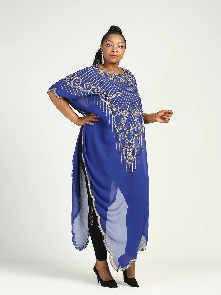 Spring 2024 New African Women's Fashion Gown Chiffon Batwing Sleeve Sequins And Fringes Loose Versatile Dress With Free Size