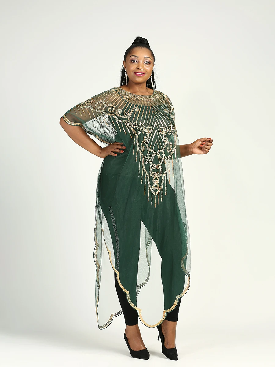 Spring 2024 New African Women's Fashion Gown Chiffon Batwing Sleeve Sequins And Fringes Loose Versatile Dress With Free Size