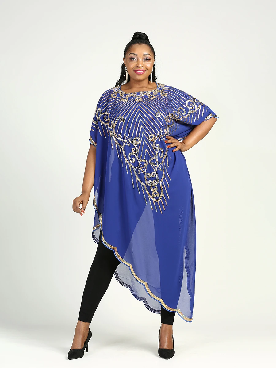 Spring 2024 New African Women's Fashion Gown Chiffon Batwing Sleeve Sequins And Fringes Loose Versatile Dress With Free Size