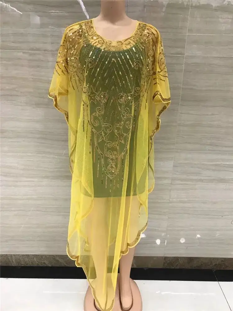 Spring 2024 New African Women's Fashion Gown Chiffon Batwing Sleeve Sequins And Fringes Loose Versatile Dress With Free Size